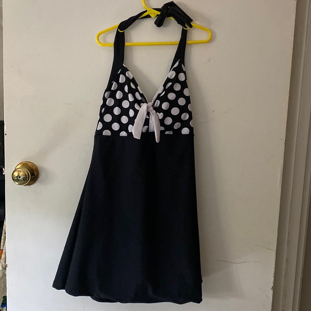 NWOT never worn sz LG swim dress black with white polka dots halter style